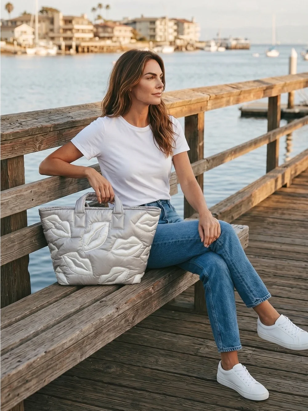 Wildfox Puffy Lips Quilted Tote Silver White NWT Zip Top Carryall